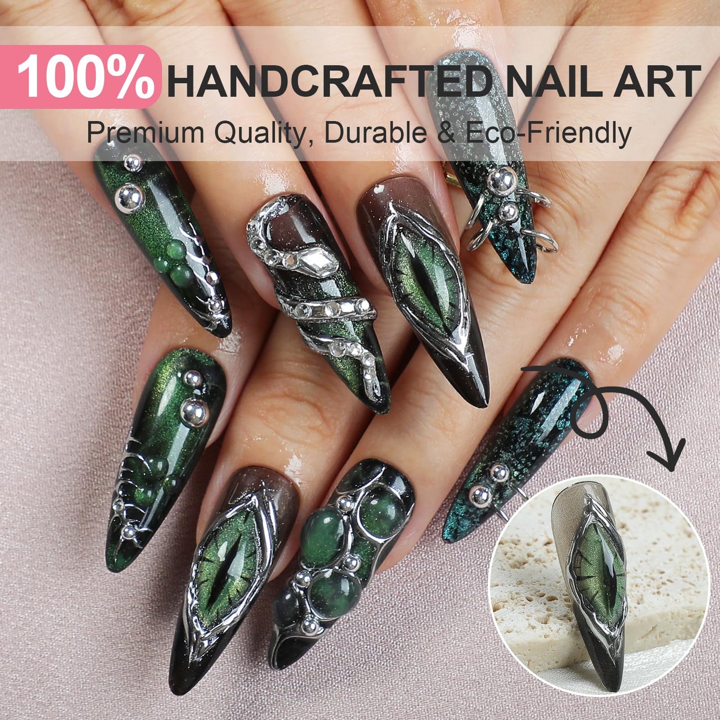 HOMSERA Handmade Press on Nails - Dark Luxury Press on Fake Nails Reusable 4D Press on Nail for Birthday Party Live Salon