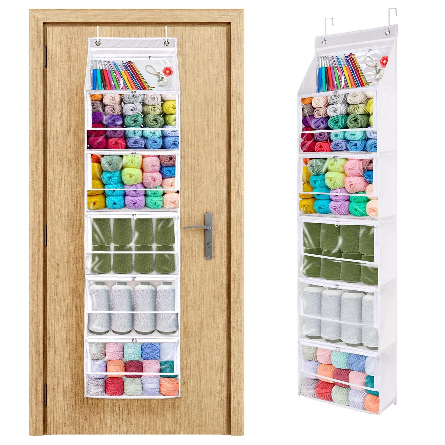 Hanging Yarn Storage Organizer, Large Capacity Knitting Organizer Storage with 6 Zipper Closure Compartments, Transparent Over Door Yarn Storage for Crochet Hook, Knitting Needles and Yarn Balls