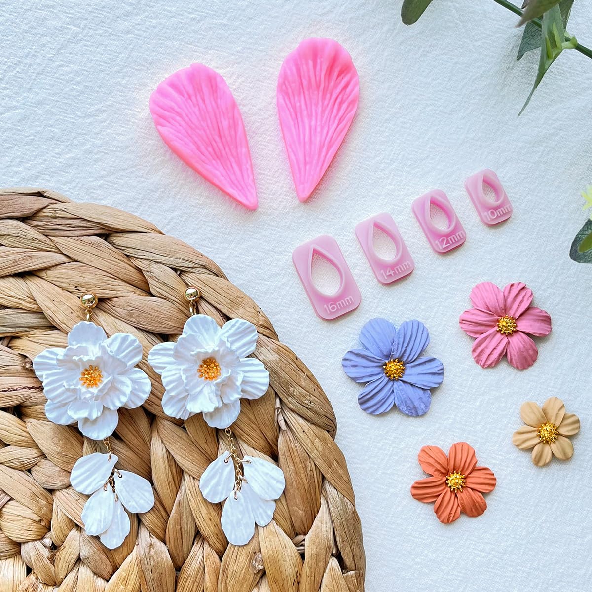 Keoker Flower Petal Clay Cutters - Polymer Clay Cutters for Earrings Making, 4 Shapes with Polymer Clay Petal Press Mold, Clay Cutters for Polymer Clay Jewelry (D)