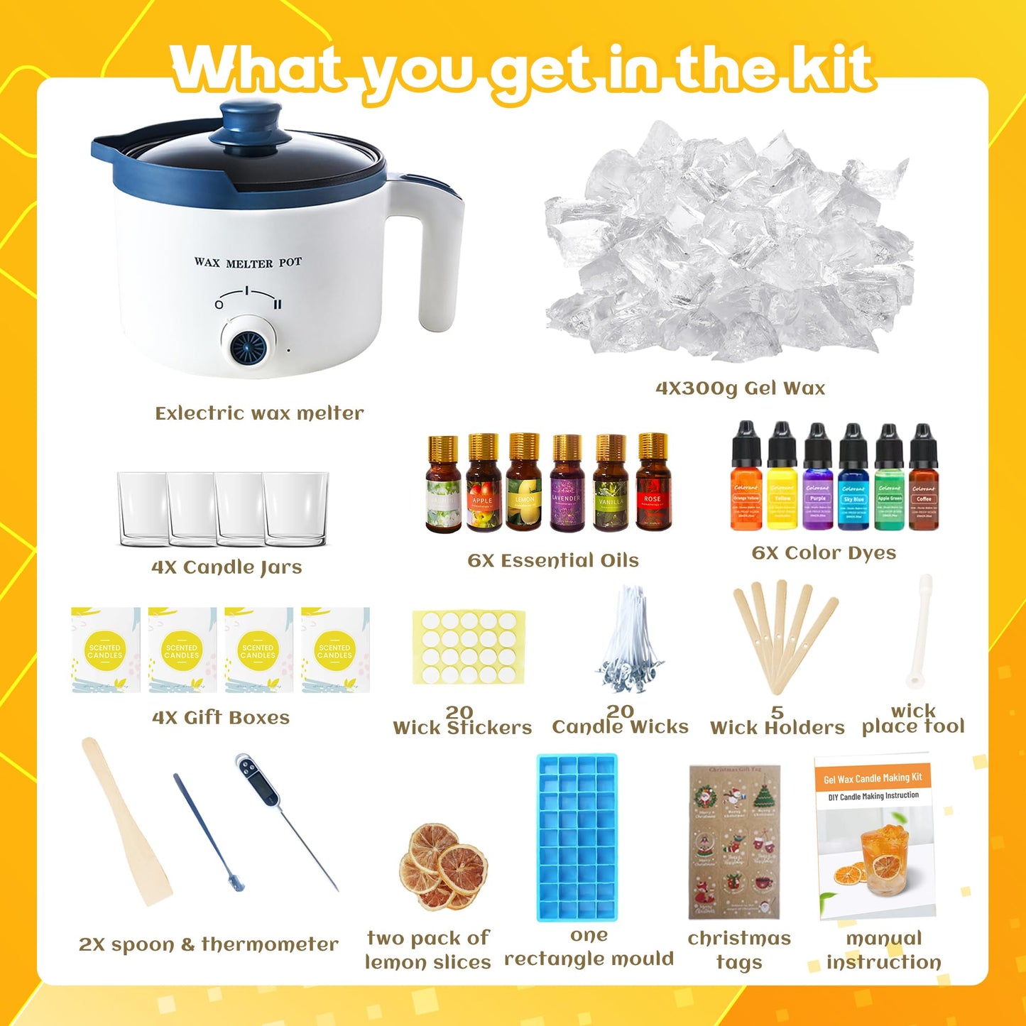 Gel Wax Candle Making Clear Kit for Adults, DIY Transparent Jelly Wax Melts Set with Electric Candle Maker, Glass Jars, Wick, Dyes and Scents
