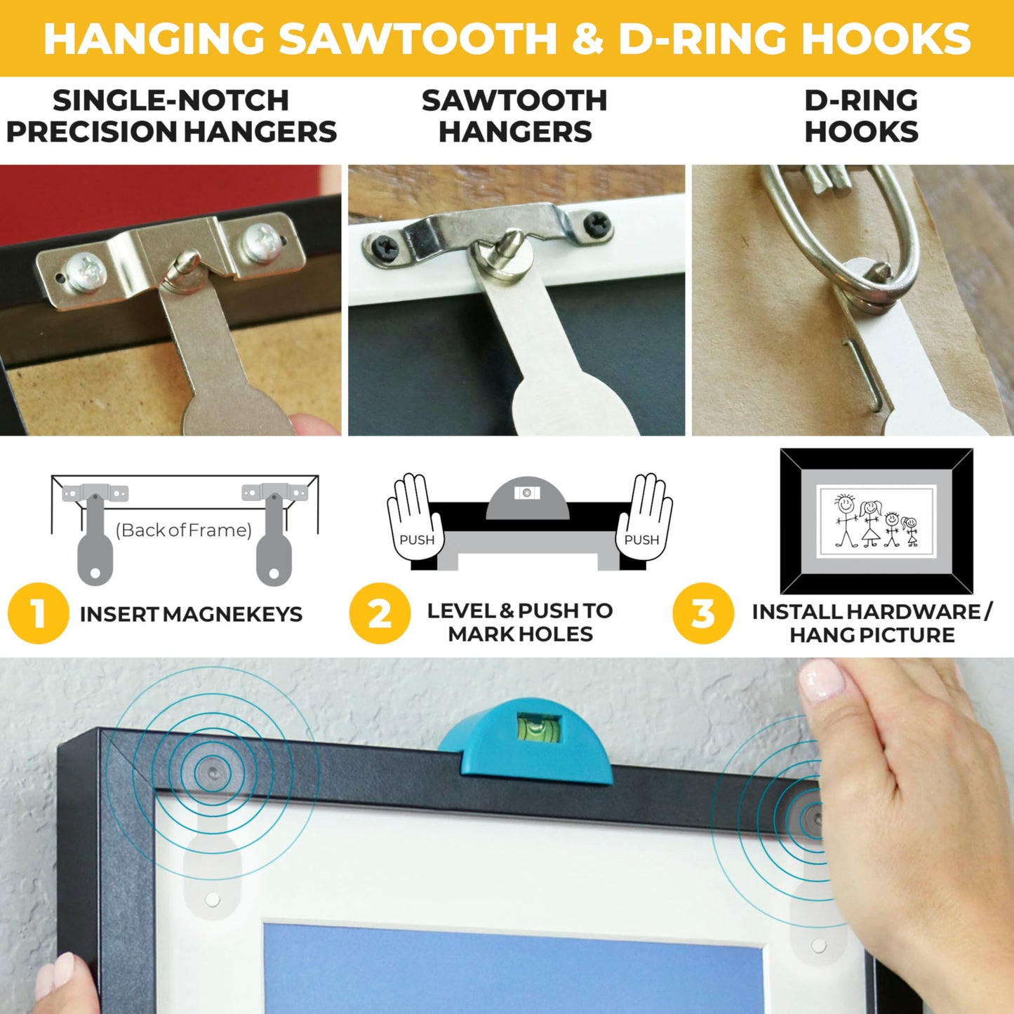 Go Hang It! Pro, All-in-One Picture Hanging Kit - Picture Leveling and Hanging Tool - Hang Sawtooth/Wire Hangers - Wall Hanging Kit and Level Tool - Hardware Case with 85-Piece Hanging Essentials