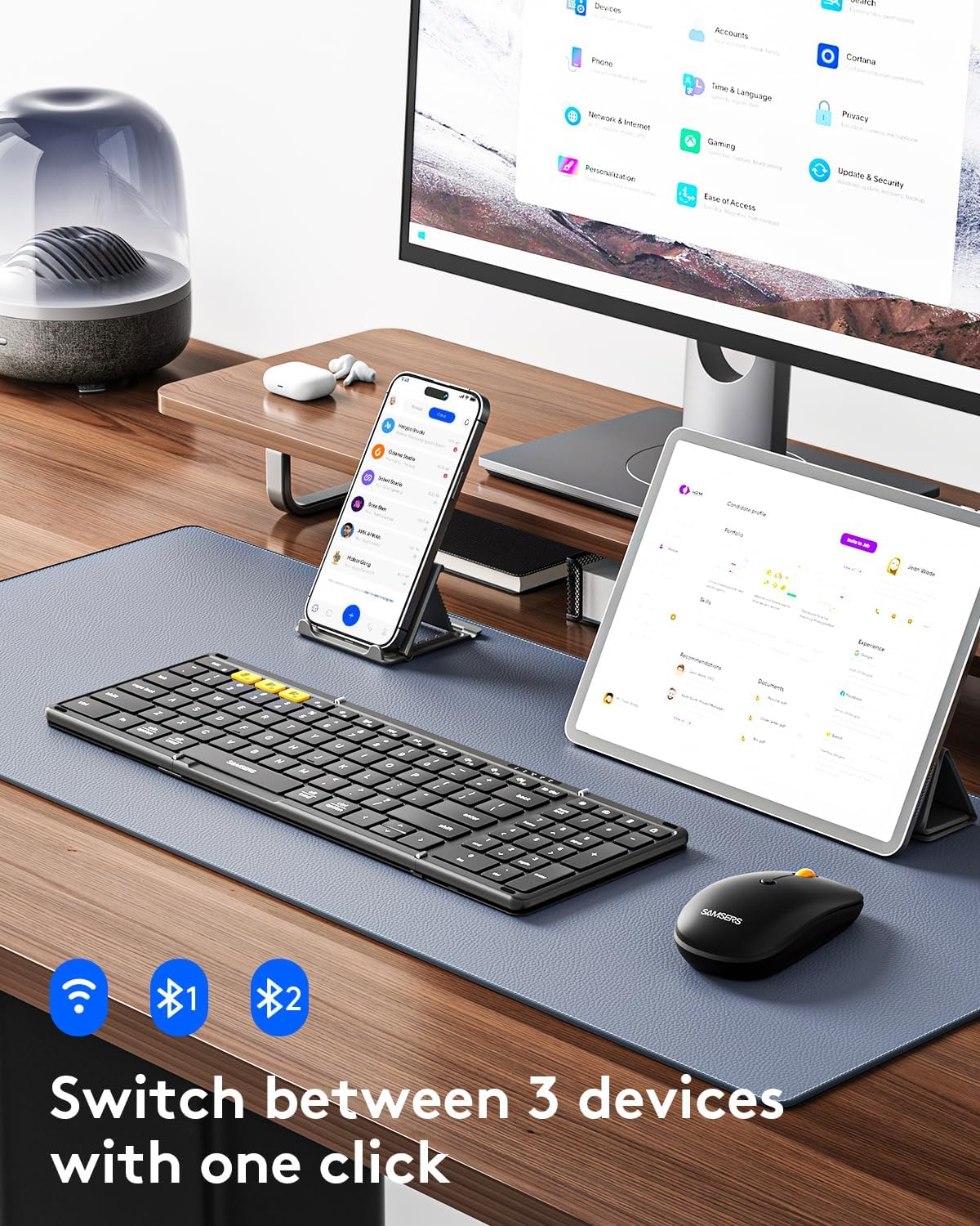 Foldable Keyboard and Mouse, Samsers Folding Bluetooth Keyboard Combo, 2.4G + BT5.0 x 2, Full-Size Portable Travel Keyboard & USB-C Rechargeable Wireless Mouse for iOS Android Windows Mac OS