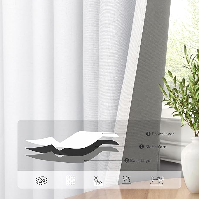 Short Blackout Curtains 54 Inch Length 2 Panels for Bedroom White Linen Textured Black Out Country Farmhouse Curtains for Small Bathroom Windows Kitchen Door Back Tab Pocket Cafe Drapes for Bay Window