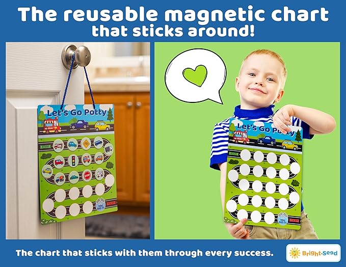 Bright Seed Reusable Magnetic Cars Potty Training Chart, Potty Training for Boys, Potty Training Sticker Chart, Potty Training Rewards for Boys, 12x10 Inches Magnetic Chart with 28 Chips