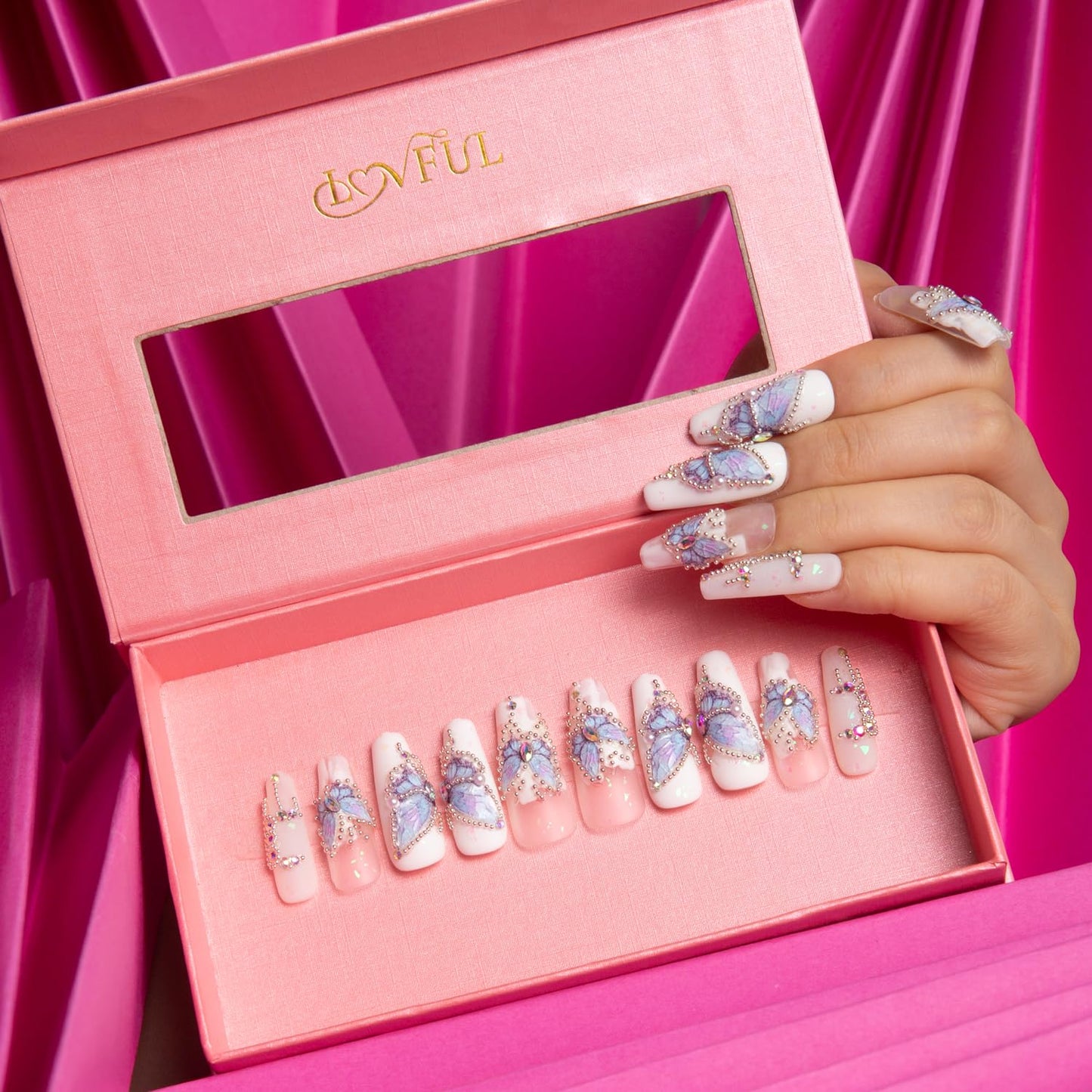LOVFUL Press on Nails Holly Blue | Handmade with Full Covered Crystals | Reusable Fake Nails | Coffin Classic Regular 1.3 in | H23-S