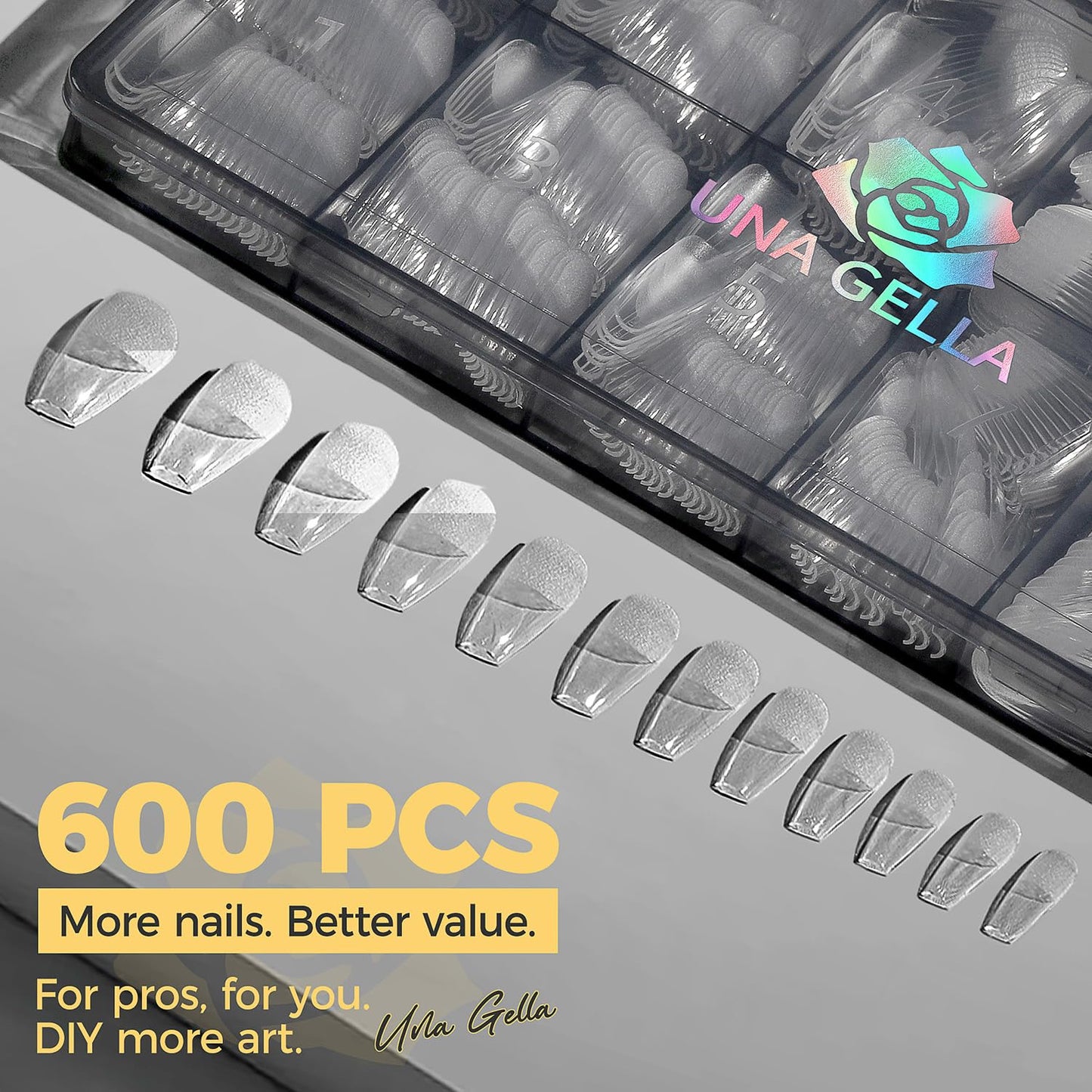 UNA GELLA Medium Coffin Nails Tips 600Pcs, Gel Nail Tips Coffin Pre Etched Press On Nails Fake Soft Gel Nail Tips For Nail Extension Ombre Stlye Art Home DIY Salon 12 Sizes