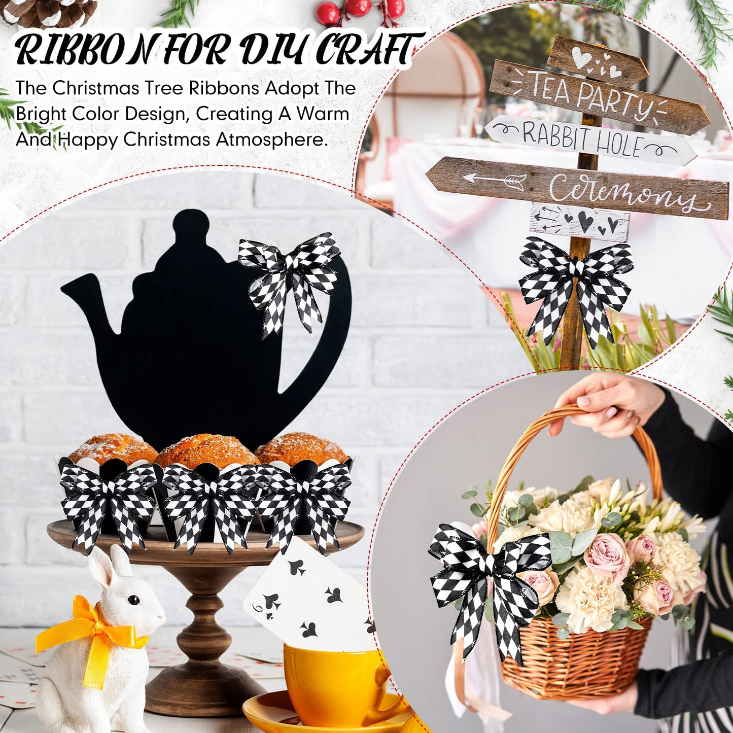 Luinabio 3 Rolls 30 Yard 1.5 Inch Christmas Black White Harlequin Ribbon Checkered Wired Ribbon Decorative for Xmas Fall Tree Wrapping Wreath Bouquet Crafts (Classic Style)