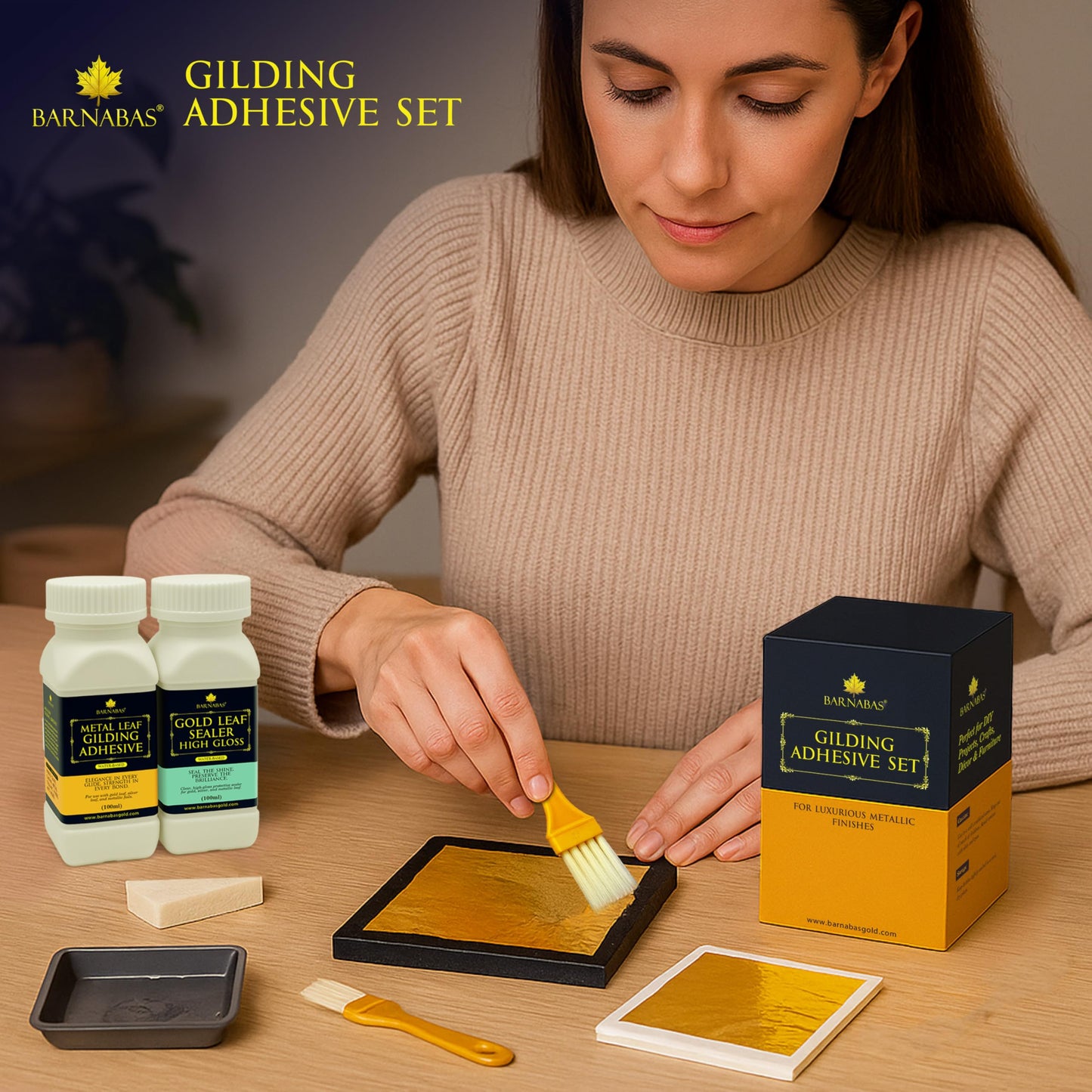 Barnabas Gold Leaf Kit – 100 Gold Leaf Sheets for Art, 100 Silver Foil, 100ml Leaf Adhesive & Sealer, Brushes & Tools for Gilding, Crafts, Foil Sheets, and Decorative Projects
