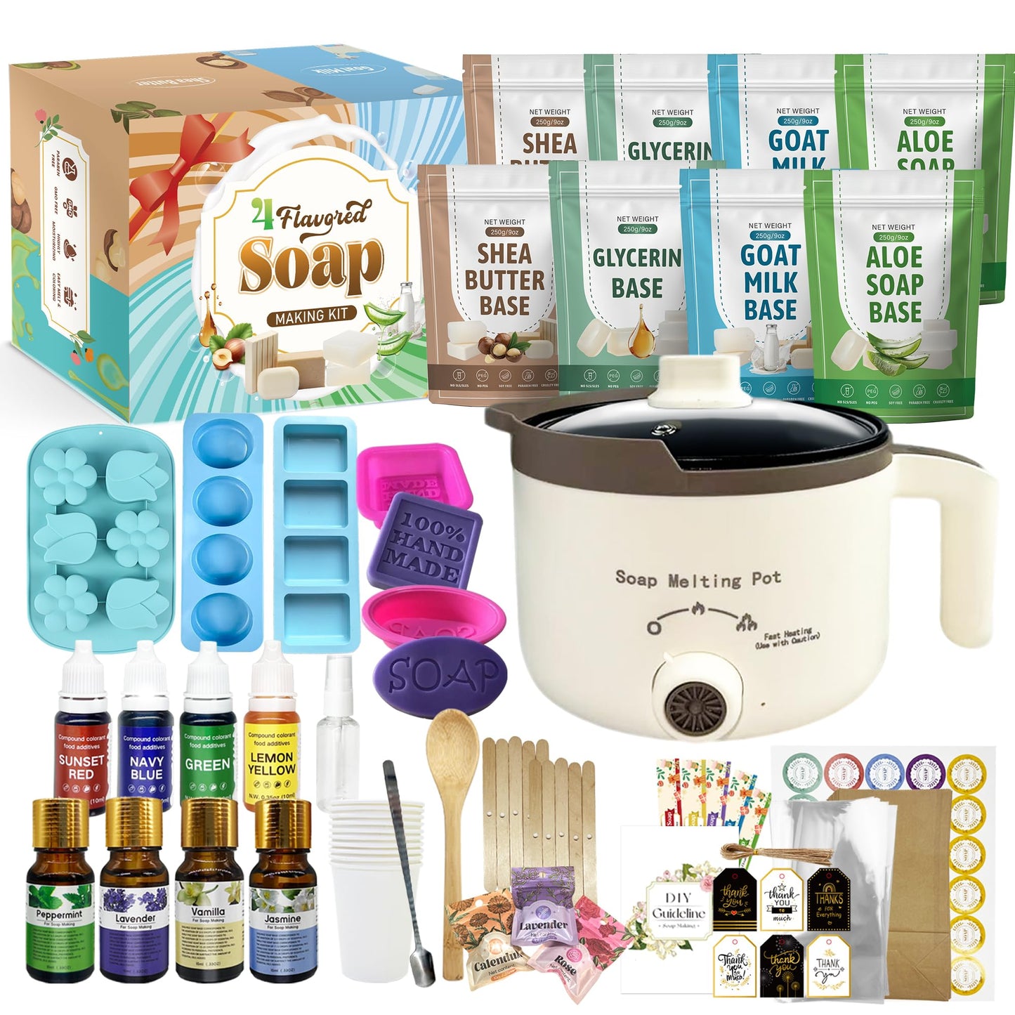 LFISGNN Soap Making Kit with 4 Flavored 4.4 lbs Soap Base, DIY Soap Making Supplies Kits for Adults with Soap Melting Pot, Soap Base (Shea Butter, Glycerin, Aloe, Goat Milk) and 5 Soap Molds