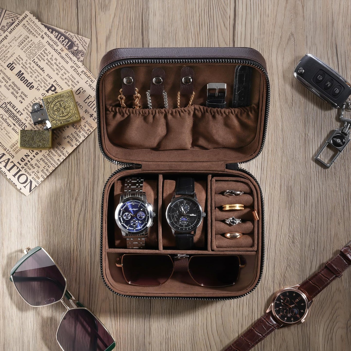 ProCase Travel Watch Case, 2 Slots PU Leather Mens Jewelry Box, Portable Watches Cufflinks Accessories Storage Case, Zippered Carrying Organizer Bag for Man, Valentine's Day Gift -Brown