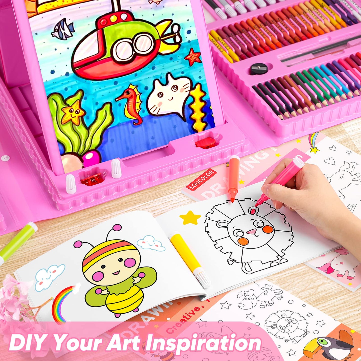 Soucolor Art Supplies, 283 Pieces Drawing Set Art Kits with Trifold Art Easel, 2 Drawing Pads, 1 Coloring Book, Crayons, Pastels, Arts Gifts Case, Coloring Set