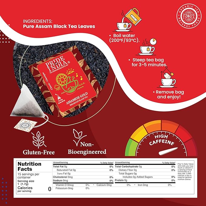 Pride of India | PACK of 6 - Assamese Gold English Breakfast Blend | 15 Premium Pyramid Full Leaf Individually Wrapped Tea Bags | Full-Bodied, Strong & Malty Flavor | Single Estate Classic Tea