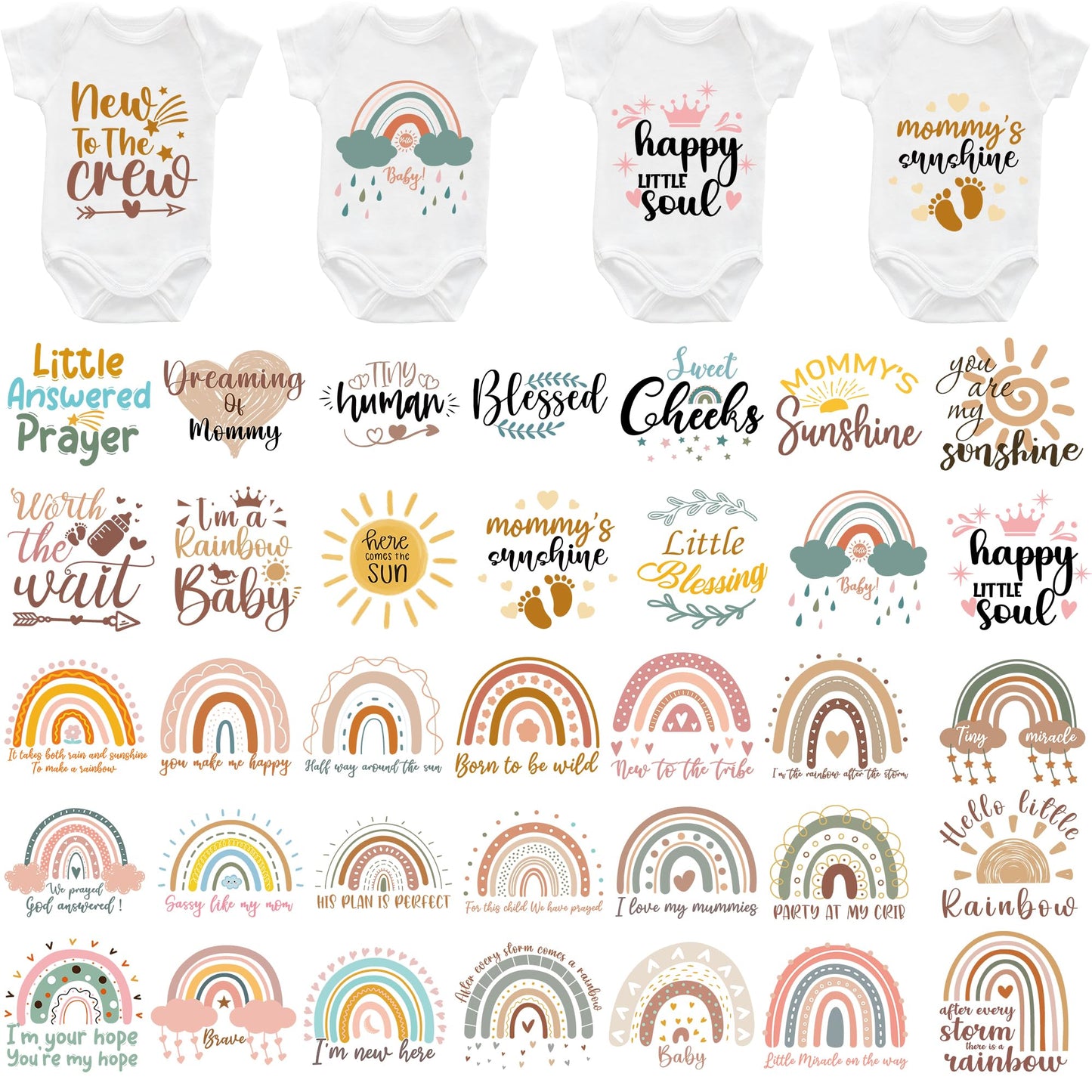 Rainbow Baby Iron on Transfers, 36 PCS Boho Onesie Decorating Kit Baby Shower, Fun Heat Transfer Stickers, Iron on Decals for T Shirts Hoodie Bibs Bodysuit Clothing DIY Crafts