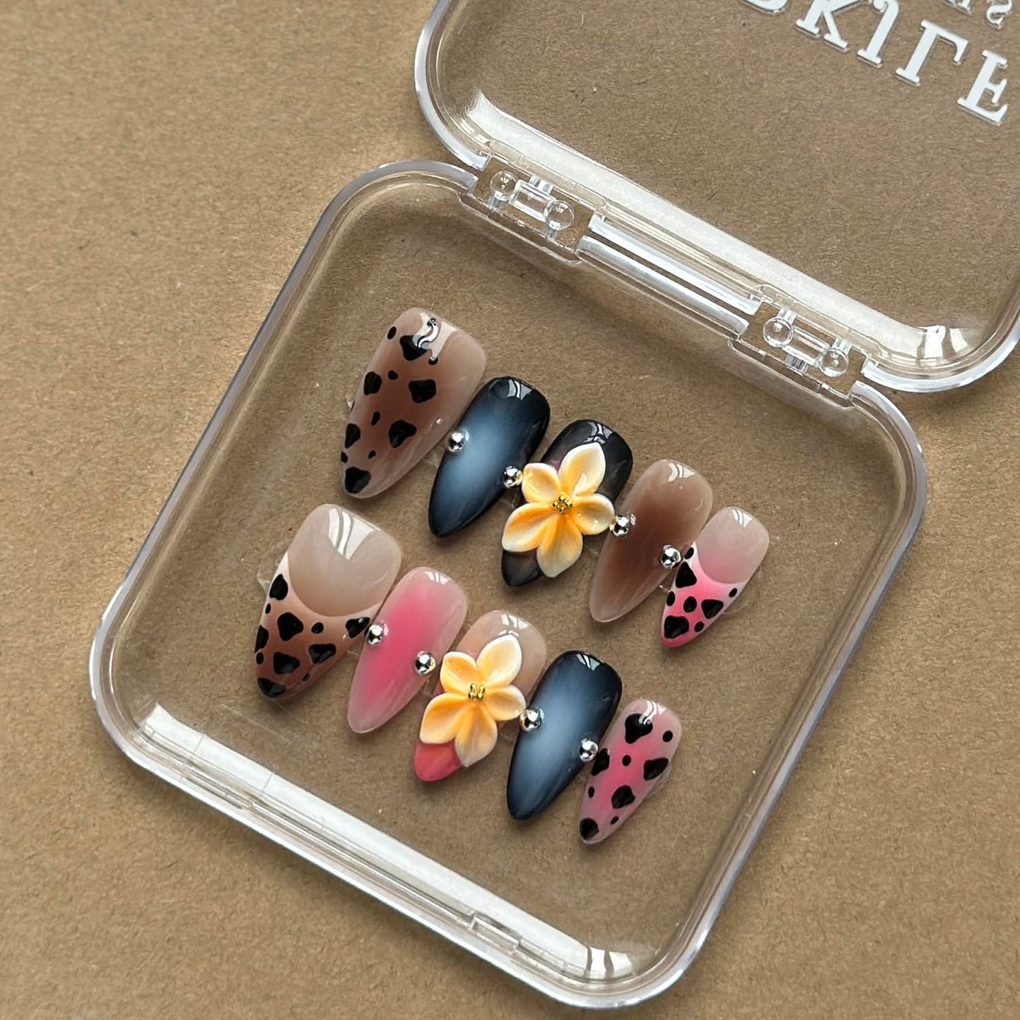 Luxury Press on Nails Medium Almond Handmade 3D Unique Reusable ABS Material Fake Nails False Nails with Designs Yellow Flower Leopard Art Petal Pink Glossy Glue on Thick Acrylic Nails(M)