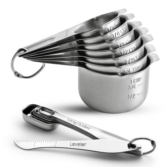 Spring Chef Stainless Steel Measuring Cups and Spoons Set of 14 with Leveler, Nesting Kitchen Metal Measuring Cups and Spoons Set for Dry and Liquid Ingredients, Perfect for Cooking & Baking