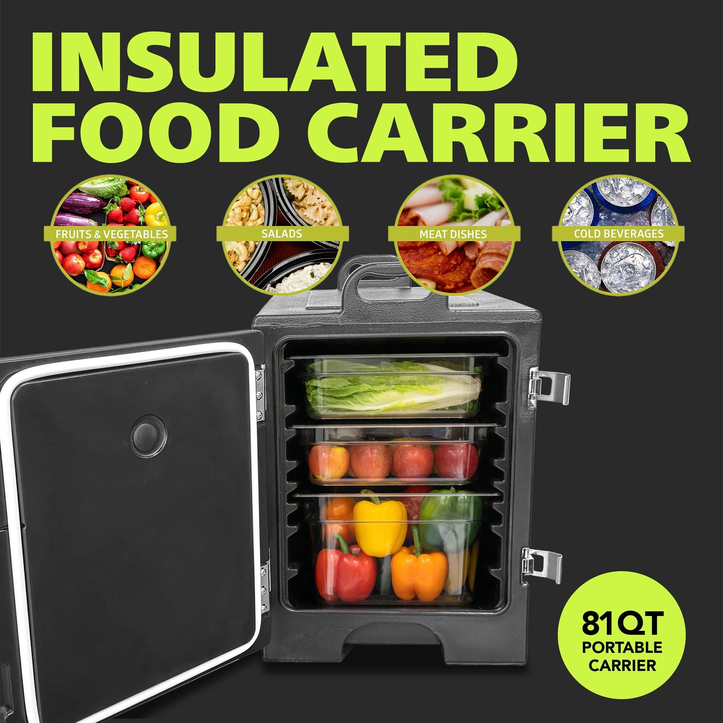 Pearington Commercial-Grade Insulated Food Pan Carrier for 5 Full-Size Pans, End-Loading Non-Electrical Stackable Hot Box Food Warmer with New Stainless Steel Latches, Black