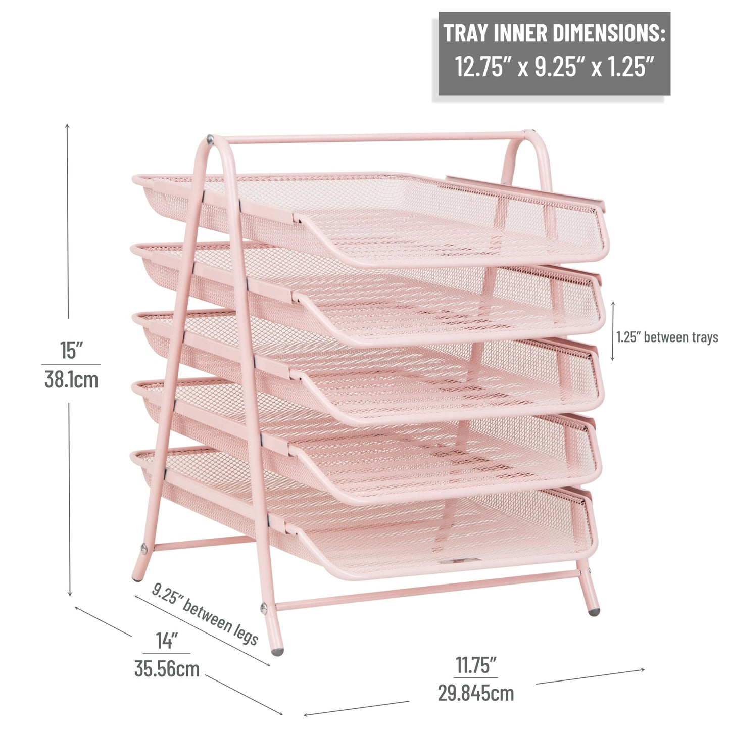 Mind Reader 5-Tier Paper Tray Organizer, Vertical Desktop File Storage Rack, Office, Metal Mesh, Pink