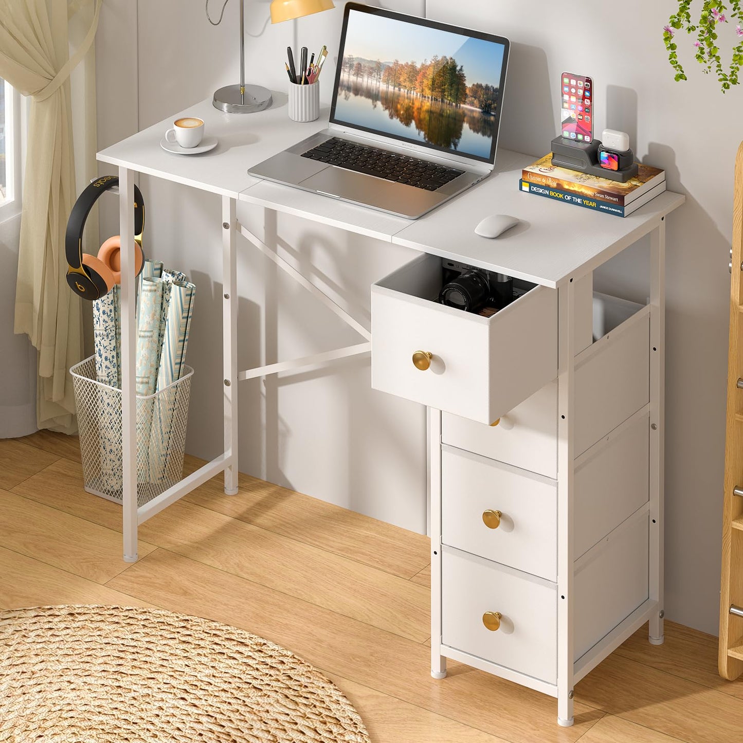 Small White Desk with Drawers for Bedroom, 35.4 Inch Kids Girls Teens Student Writing Desk with Storage, Reversible Study Table, White Computer Desk for Home Office, Makeup Vanity Desk for Small Space