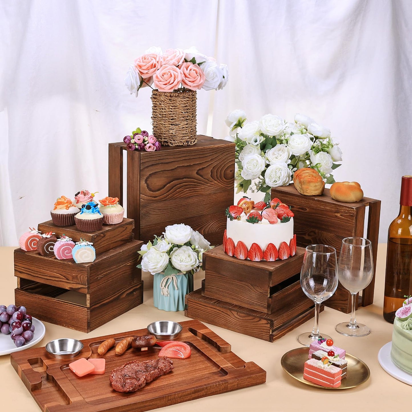 LEIFEOSH 6 Pack Wooden Crates for Display Wooden Risers Square Food Risers for Buffet Party Rustic Wood Cake & Cupcake Stands