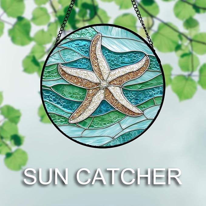 Stained Glass Window Hanging Teal Sea Waves Starfish 9.8" - Suncatcher Door Garden Sun Catcher Home Decor Birthday Mother's Day for Mom Men Woman Parents Her Child Nana