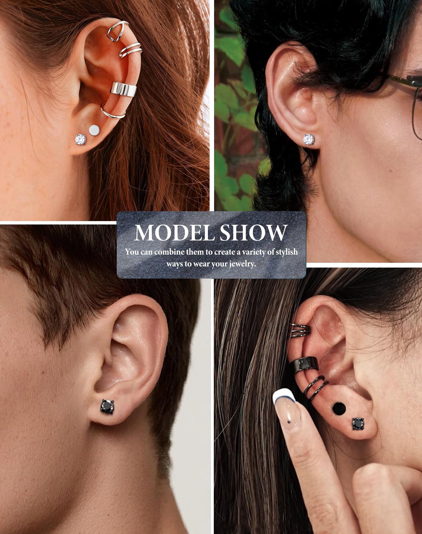 4 Pairs Stainless Steel Magnetic Stud Earrings for Men Women Non Piercing Clip on CZ Earrings 6MM (4 Pairs a Set,6MMBlack + Silver)