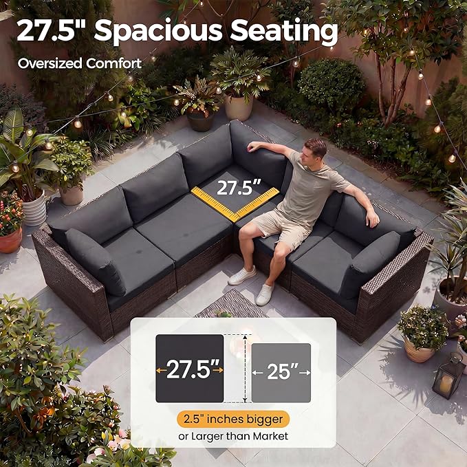 NICESOUL 9pcs Patio Furniture Set with Fire Pit Propane/Gas, 29.3'' High Back Modern Comfy Outdoor Conversation Set, Extra Wide Modular Sofa for Heavyweight, Brown Rattan and Dark Gray Cushion
