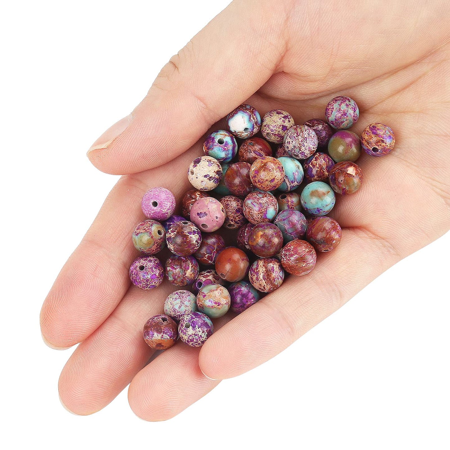 70PCS Natural 8MM Healing Gemstone Colorful Imperial Jasper Energy Stone Round Loose Beads, Semi-Precious Crystal Beads with Free Elastic String for Jewelry Making DIY