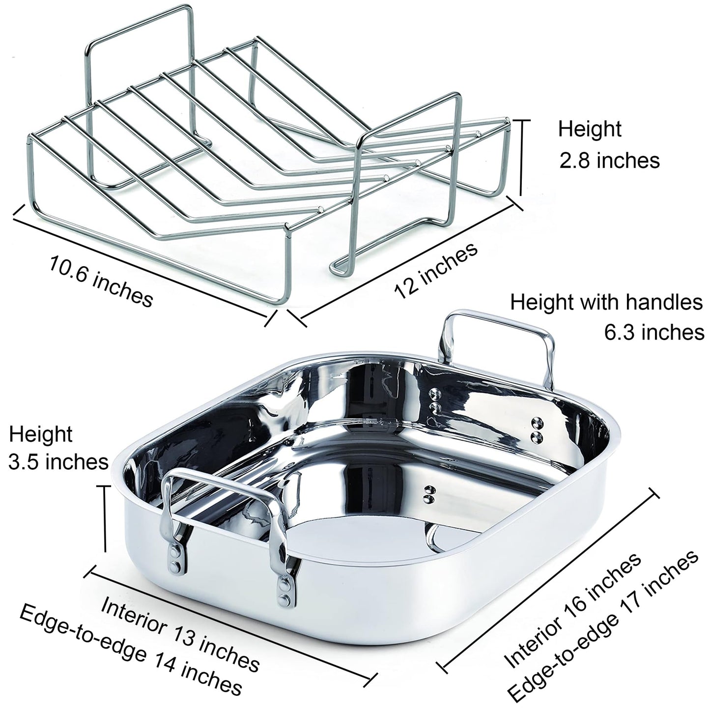 Cooks Standard Stainless Steel Roaster Pan with V-Shaped Rack, Inner 16-Inch x 13-Inch; Edge 17-Inch x 14-Inch; Turkey Roasting Pan Bakeware for Oven, Rectangular