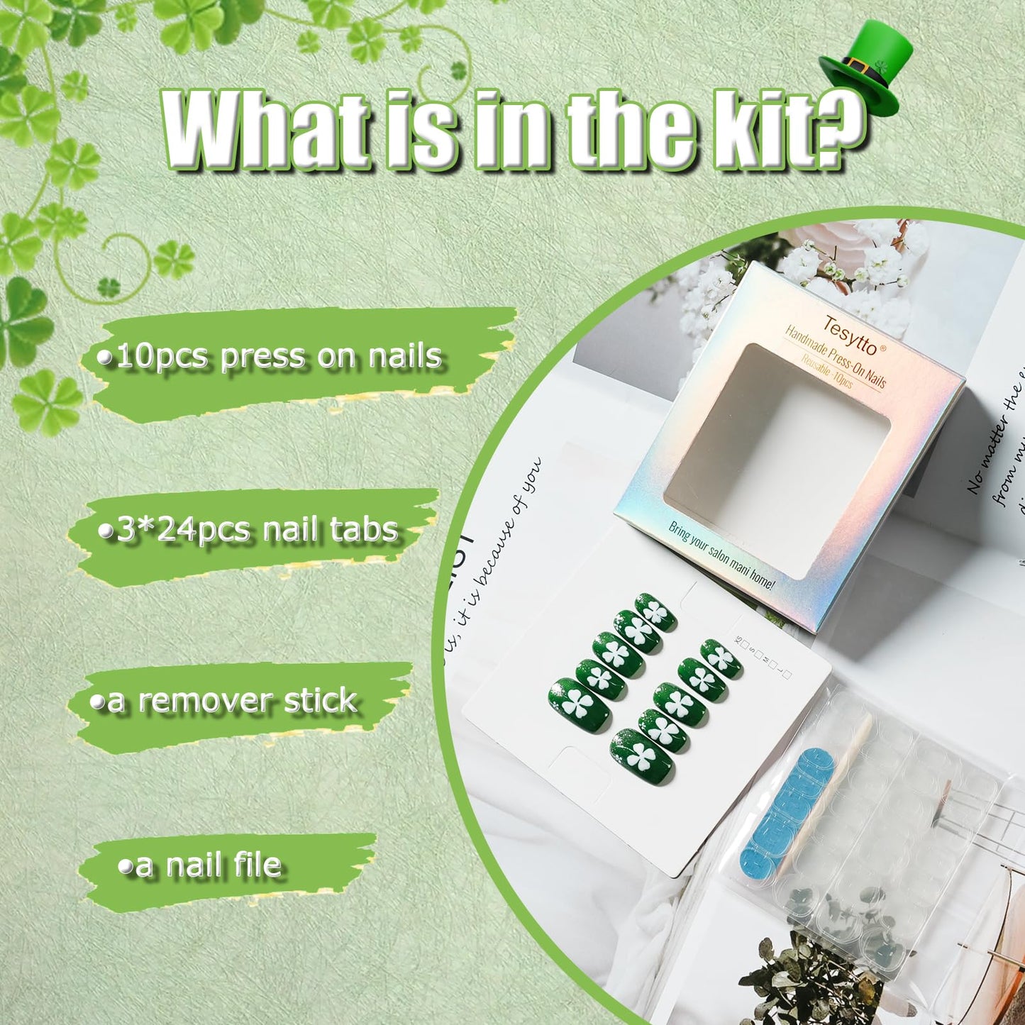 Tesytto Medium Square Press On Nails Acrylic Green Fake Nails with Silver Glitter Design & White Clover Print, Stick on Nails for Women (Size L)
