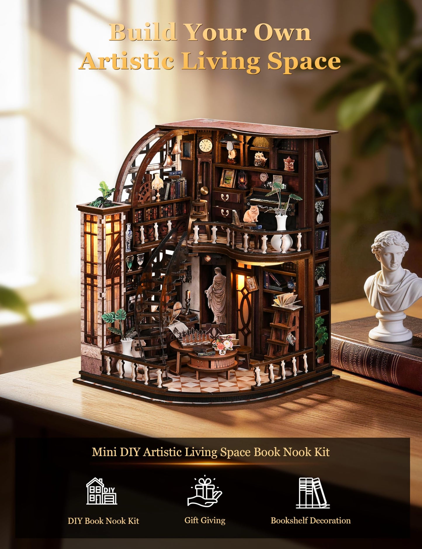 BESSERITE Book Nook Kit for Adults, Basque Study DIY Miniature House Kit, Two-Story Tiny House with Spiral Staircase, 3D Puzzles for Adults, Retro Diorama Bookshelf Decor