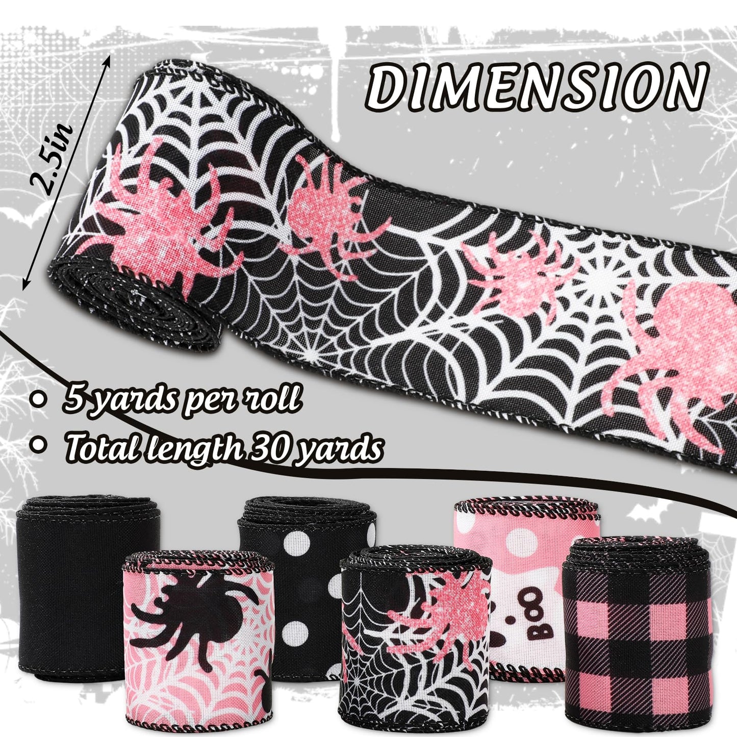 Whaline 6 Roll Halloween Wired Edge Ribbon Ghost Boo Spider Web Ribbon Pink Black Fabric Ribbons for Wreath Bow Making DIY Crafts Wrapping, 30 Yard