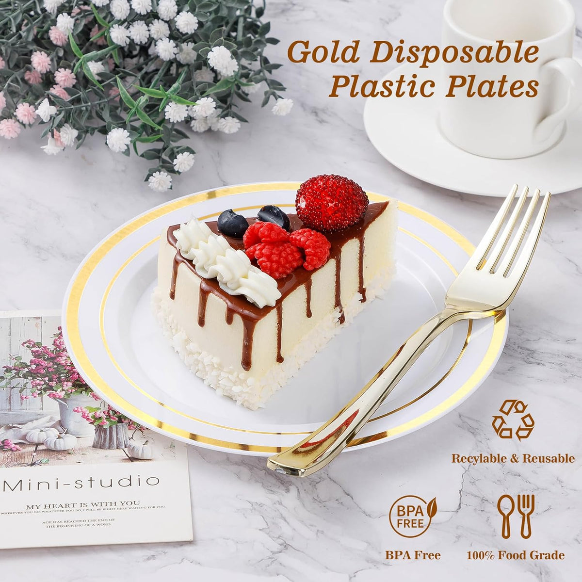 BESTVIP 200PCS Gold Plastic Plate, Disposable Party Plates with 100 Dinner Plates and 100 Dessert Plates, Plastic Plates for Party, Wedding and Birthday