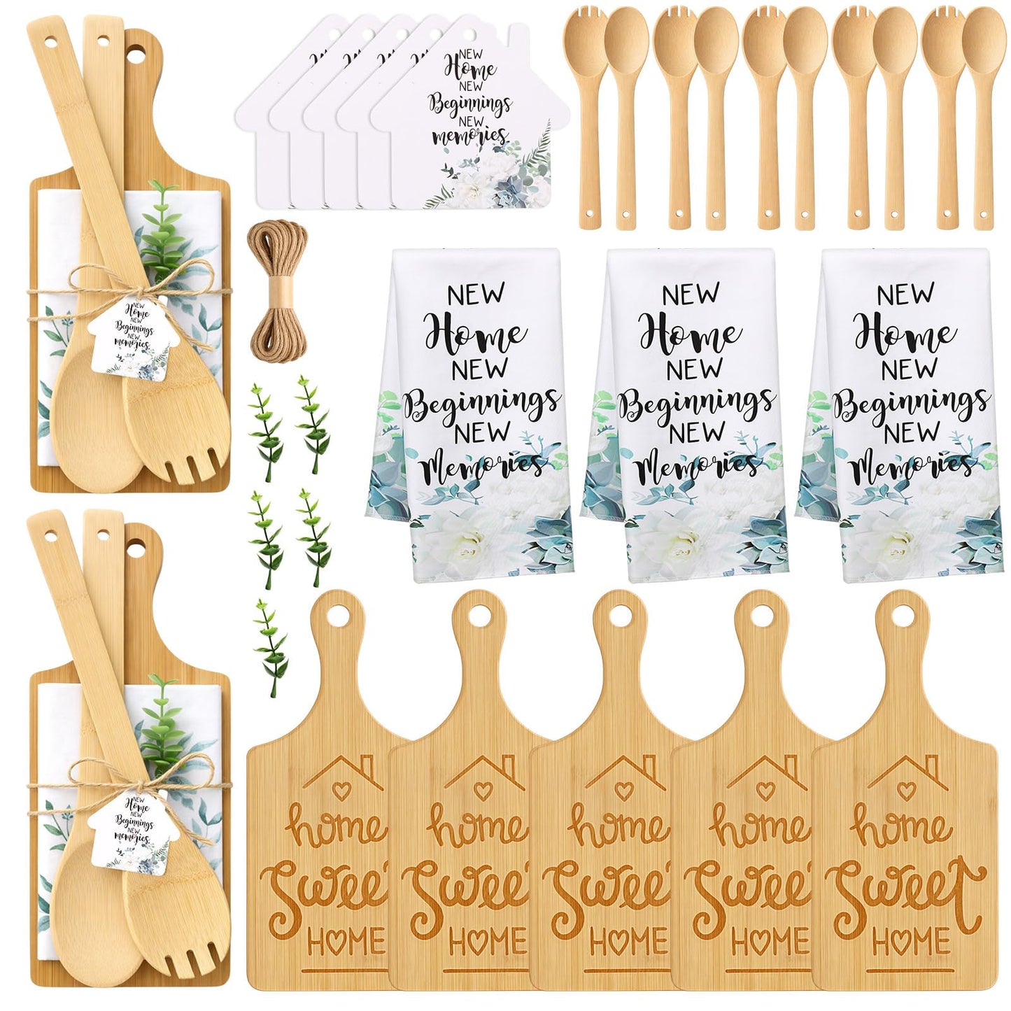 Geelin 31 Pcs/5 Sets Housewarming Gifts Engraved Cutting Board New Home Beginning Memories Kitchen Towels Cards Bamboo Spoons House Warming Gift Set for Homeowner Neighbor Couple Apartment Kitchen