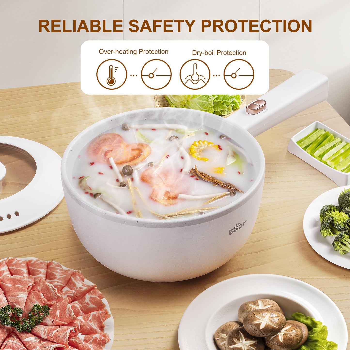 Bear Hot Pot Electric, 2L Multifunctional Portable Cooking Pot, 1000W Rapid Noodles Electric, Non-Stick Frying Pans for Steak, Egg, Ramen, Oatmeal With Dual Power Adjustment
