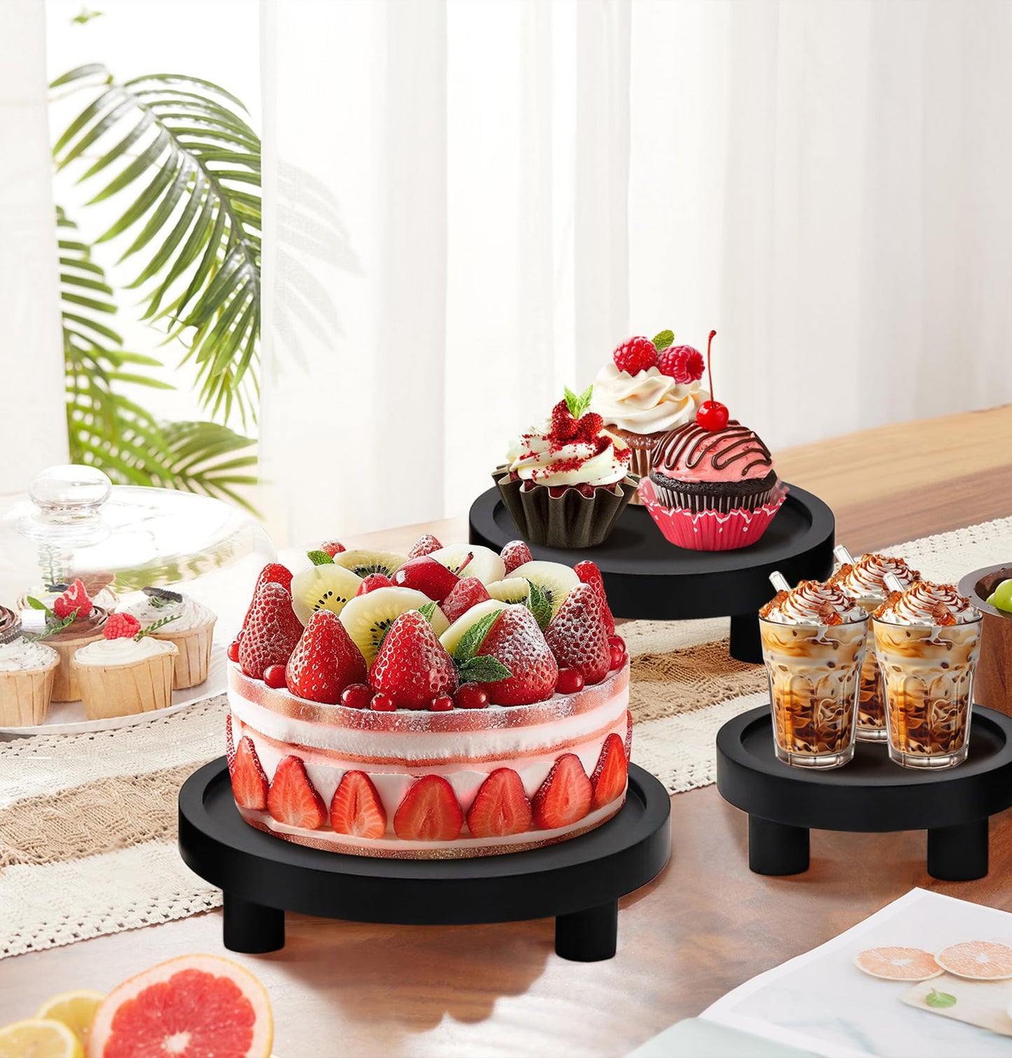 LINGXIANSENG 3 Pcs Wooden Risers for Display, Round Wood Riser Plant Stand 5/6/8" Pedestal Stand, Flower Pot Holder Small Planter Tray for Kitchen Home Décor (Black)