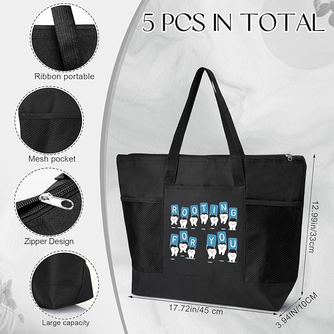 Roowest 5 Pcs Dental Hygiene Appreciation Christmas Gifts Tote Bags with Mesh Pockets Tote Bags Zipper for Dentist Assistant Accessories(Black)