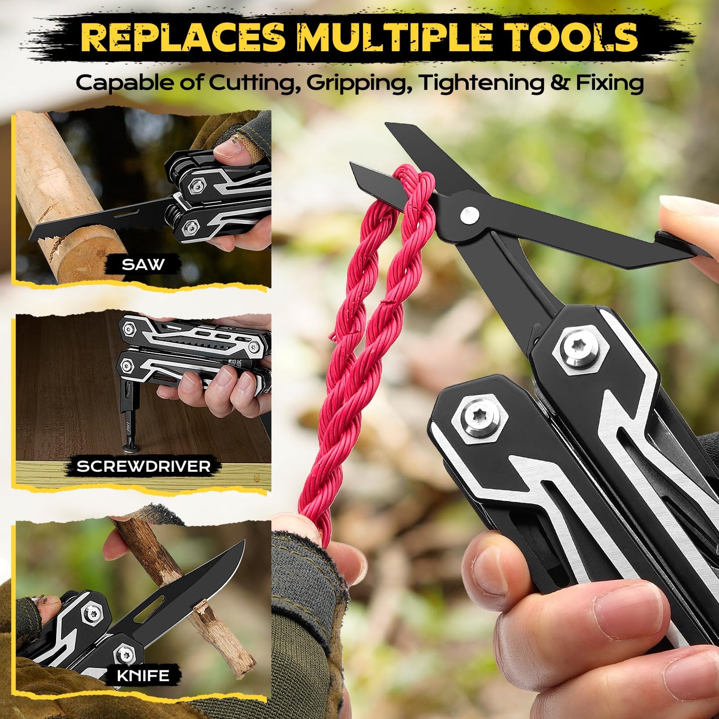 BIBURY Multitool, 21-in-1 Stainless Steel Pocket Tool with Scissors, Spring-Loaded Pliers with Sheath for Outdoor, Survival, Camping, Home Repair, Gifts for Men