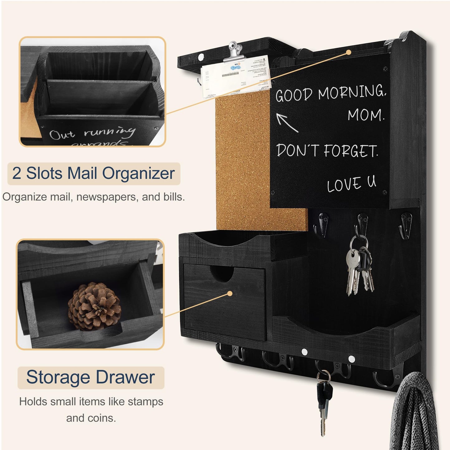 HEKOOLA Key Holder Wall Mount, Mail Organizer Key Holder for Wall with Shelf, Drawer, Chalkboard, Corkboard, Home Decor Mounted for Room Entryway (Black)