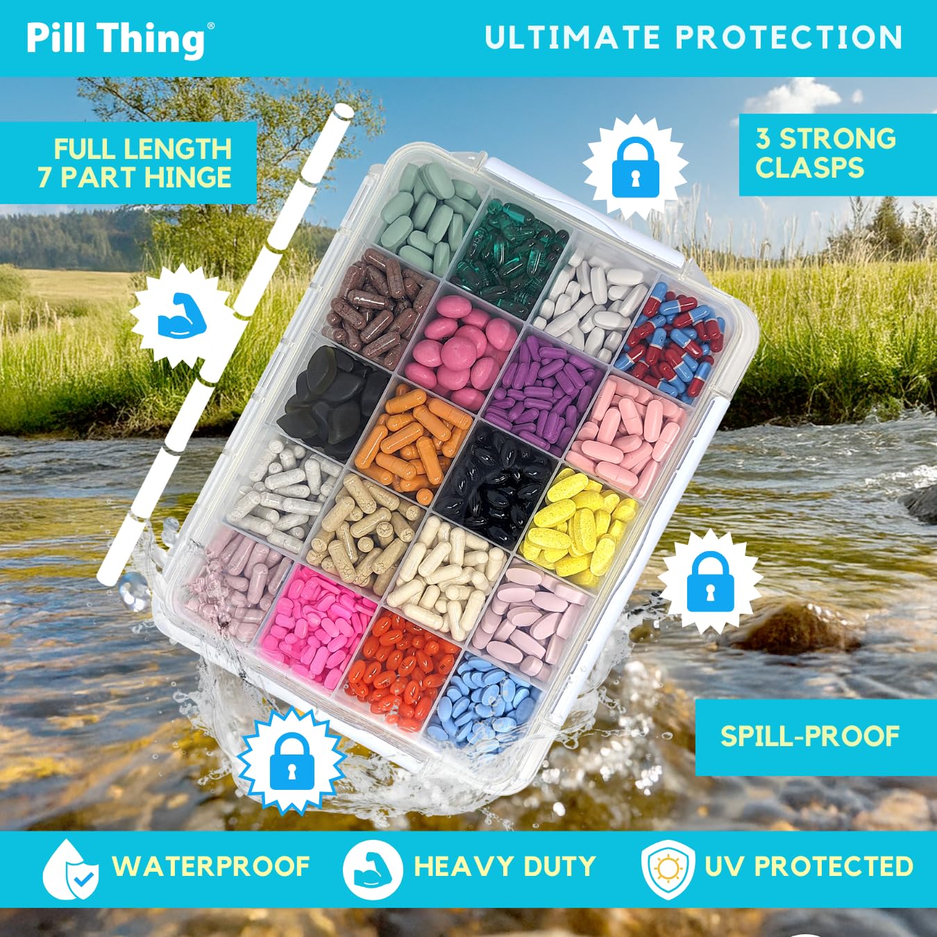 20 Compartment Large Pill Case with Airtight Seal - Silicone Gasket Waterproof Med Box with Medication Map (Clear, 1 Pack)