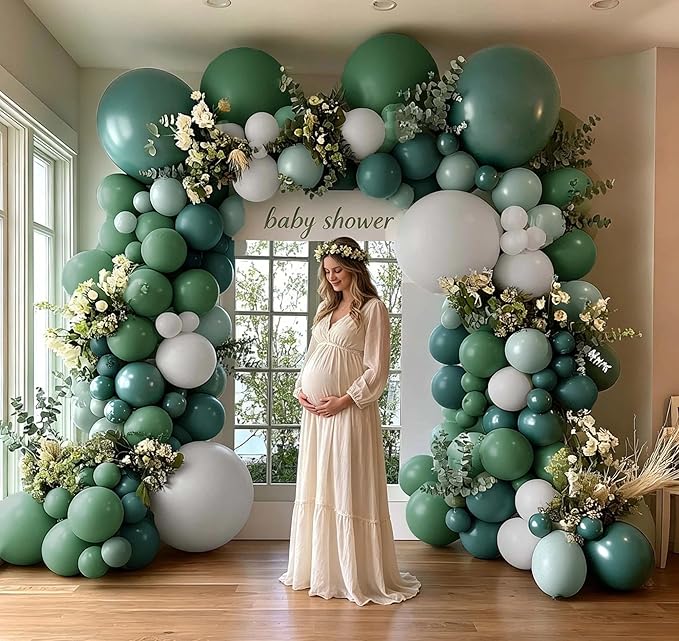 Dusty Blue & Sage Green Balloon Arch Kit, Double Stuffed – Slate Blue, Teal, Dusty Green & White Matte Latex Balloons for Baby Shower, Birthday & Wedding