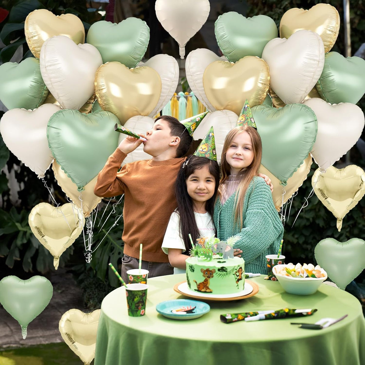 Sage Green Gold Heart Balloons, 12PCS Green Gold Heart Shaped Foil Balloons, 18Inch Green Cream White Heart Helium Foil Balloon for Jungle Woodland Birthday Wedding Baby Shower Party Decoraion
