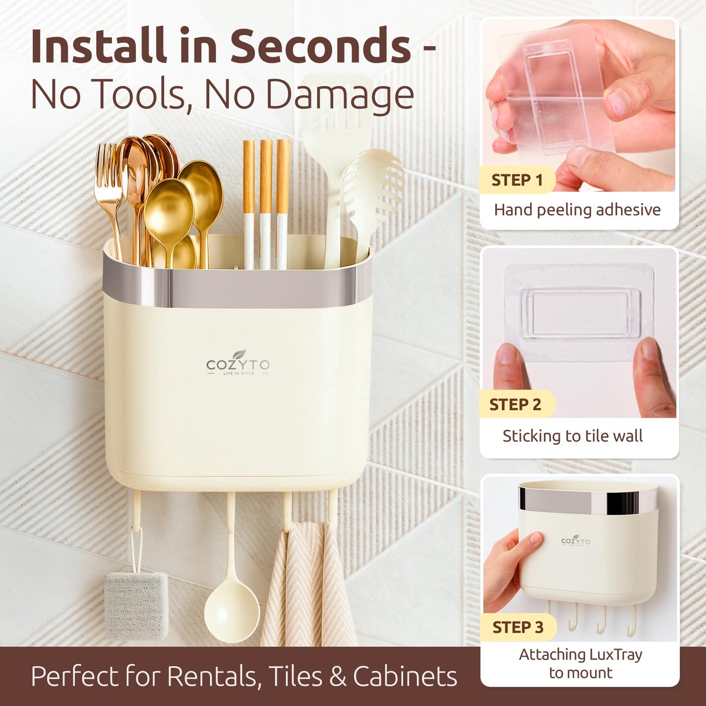 COZYTO LuxTray U1-Pro Wall Mounted Utensil Holder – Kitchen Organizer with Hooks, Dividers & Drain Tray, No-Drill Adhesive Wall Mount Storage, BPA-Free (Cream White & Shiny Silver)
