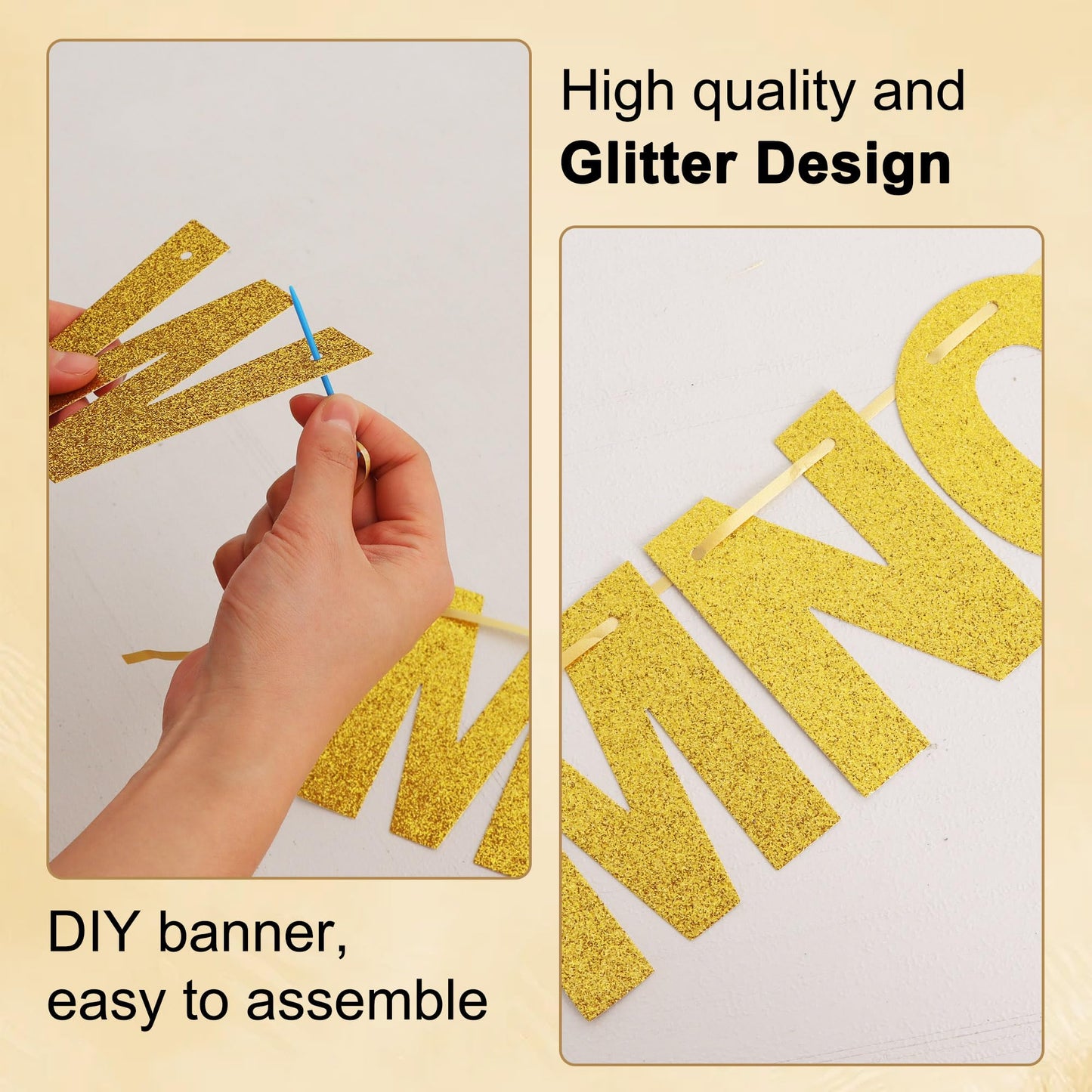 BEISHIDA 116 PCS A-Z DIY Letter Banner Kit Make Your Own Banner Including 111 Letters and Numbers 3 Rope and 2 Threading Device,Customized for Birthday Graduation Wedding Decor Gold