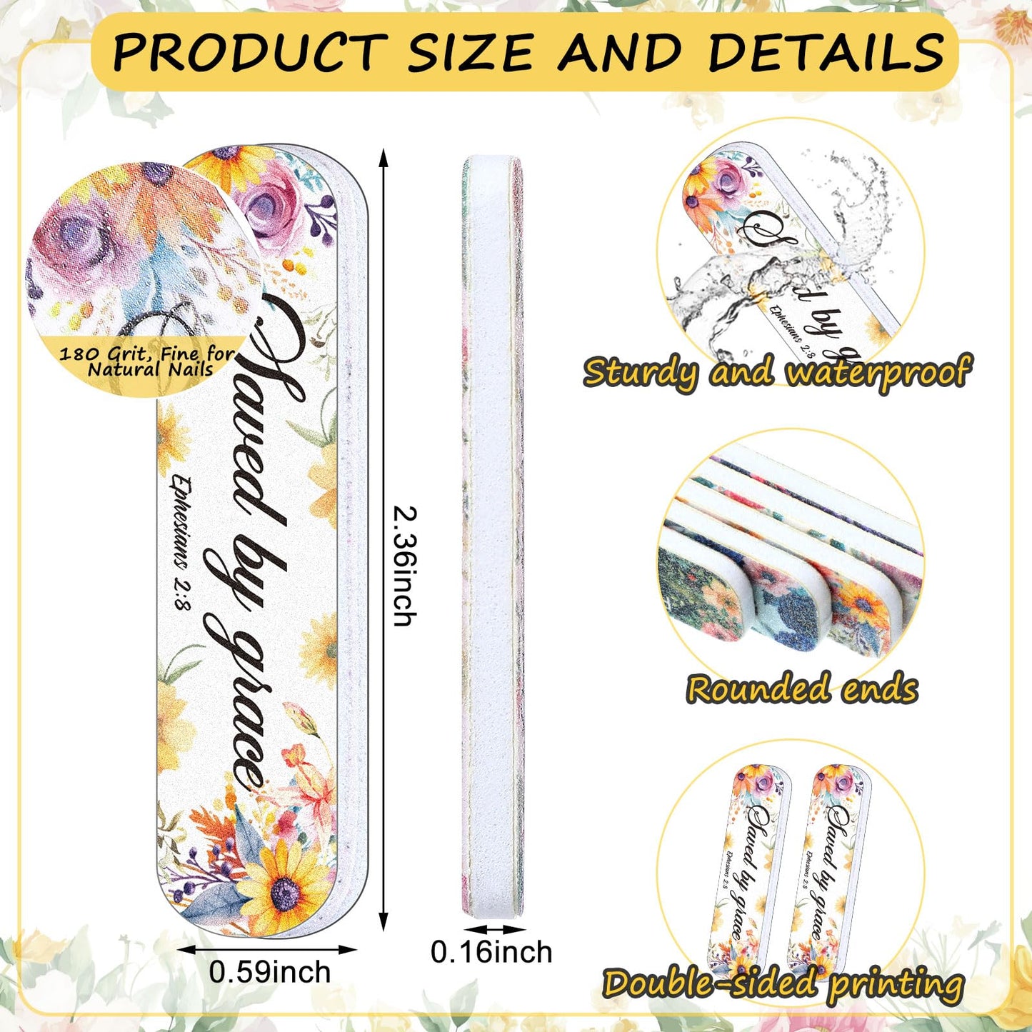 Lanties 200 Pcs Christian Bible Verse Nail Files Gift for Women Religious Scripture Nail Emery Boards Colorful Floral Buffering Files Scripture Manicure Tools Easter VBS Gift(Flower)