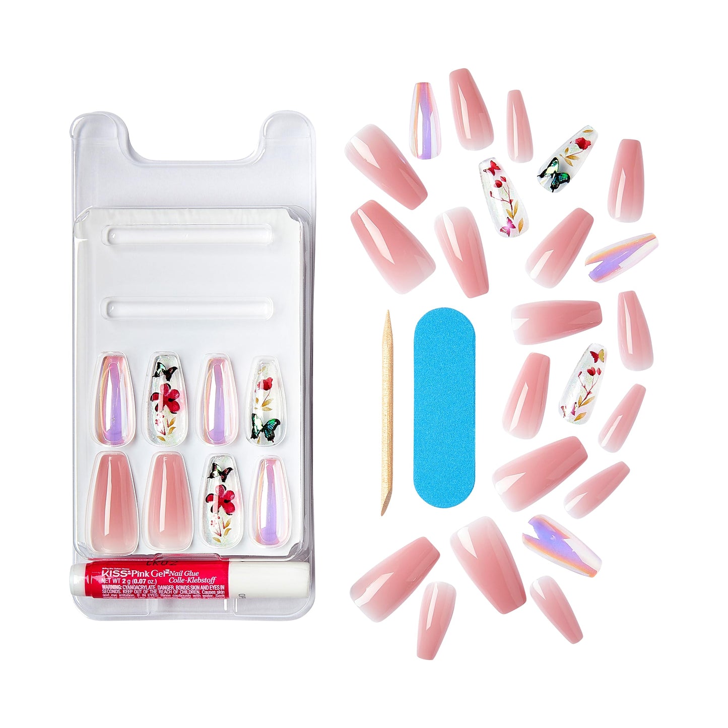 KISS Gel Fantasy Press On Nails, Nail glue included, Jelly Cookie', Pink, Long Size, Coffin Shape, Includes 28 Nails, 2g glue, 1 Manicure Stick, 1 Mini File (Pack of 2)