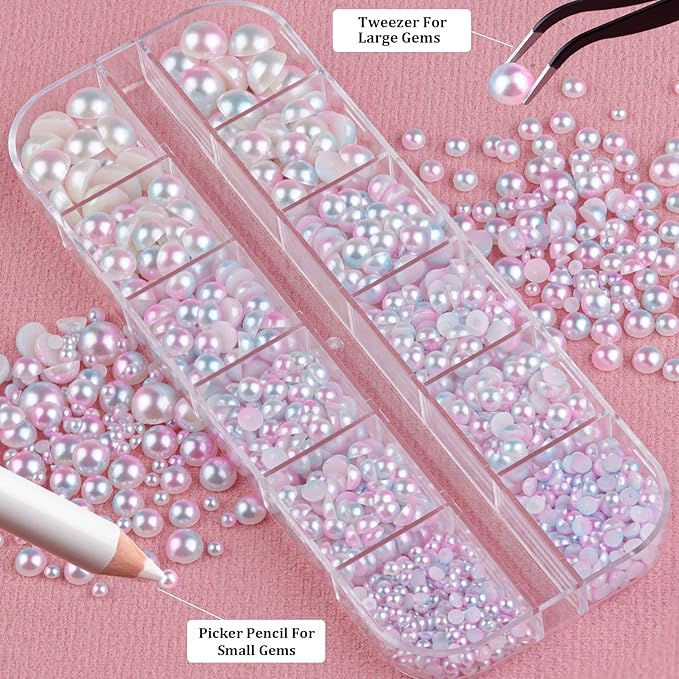 Belleboost Flat Back Pearls Kits 3 Boxes of Flatback Pink Mermaid Half Round Pearls with Pickup Pencil and Tweezer for Home DIY and Professional Nail Art, Face Makeup and Craft