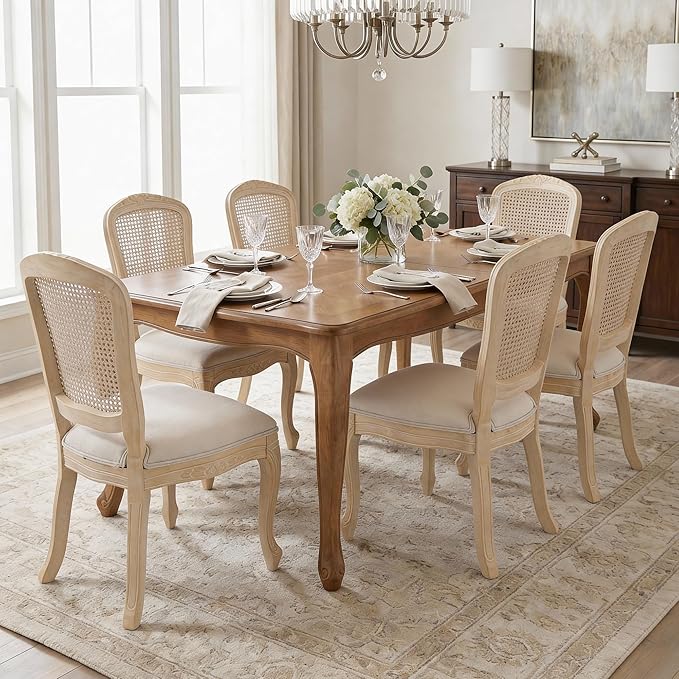 Wicker Dining Chairs Set of 6, Upholstered Linen Fabric Dining Room Chairs with Square High Rattan Back Farmhouse French Kitchen Chairs for Dining Table/Living Room/Restaurant, White