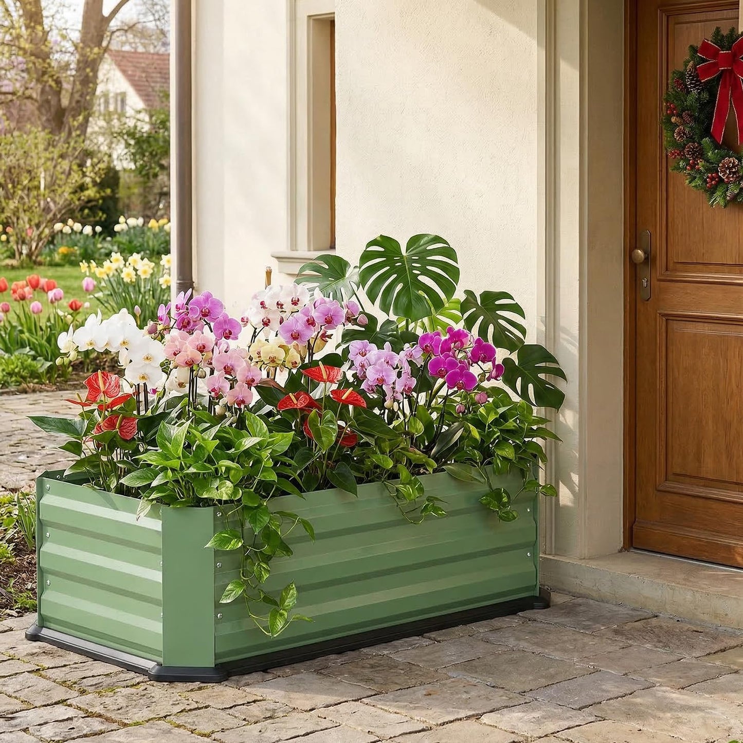 2 Pcs Galvanized Raised Garden Bed with Bottom, Indoor Metal Raised Garden Beds, Easy Assembly No leaks & Rust-Proof Flower Bed, Outdoor Planter Box for Vegetables, Herbs, Patio, Balcony, Green