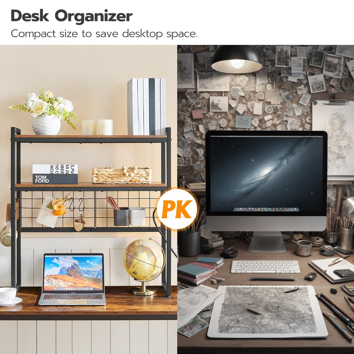 HOOBRO Desktop Bookcase, 2-Tier Desktop Organizer, 29.9" Wooden Office Storage Rack with Outlets, Display Shelf Rack with Light Strip, Desk Hutch for Office, Rustic Brown BF11UDSJ01