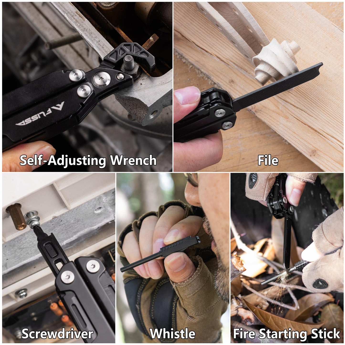 FLISSA Multitool Wrench, Gift for Men, 16-IN-1 EDC Multi-tool with Self-Adjusting Wrench, Stainless Steel Pocket Multi Tool with Knife, Screwdriver Bits, Saw, File, Ideal for Camping, Outdoor